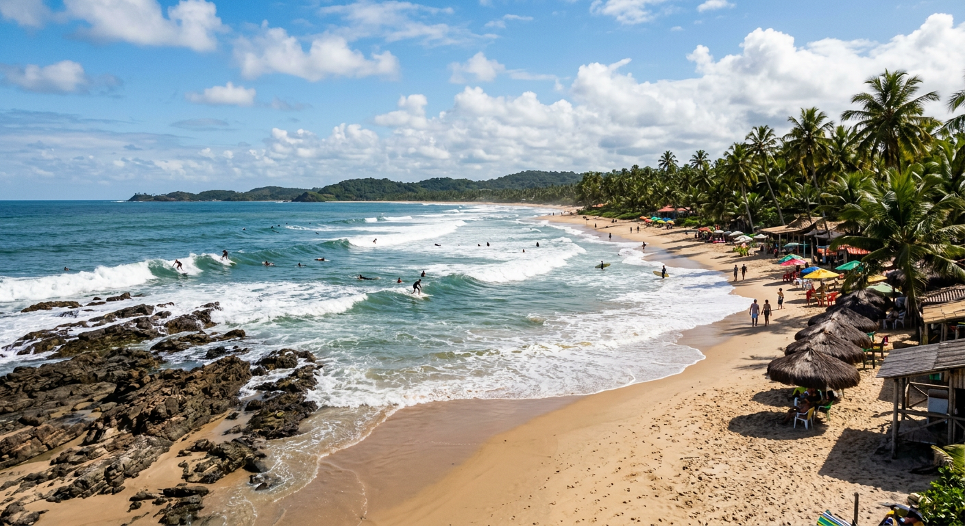Praia de Olivença com surfistas e barracas