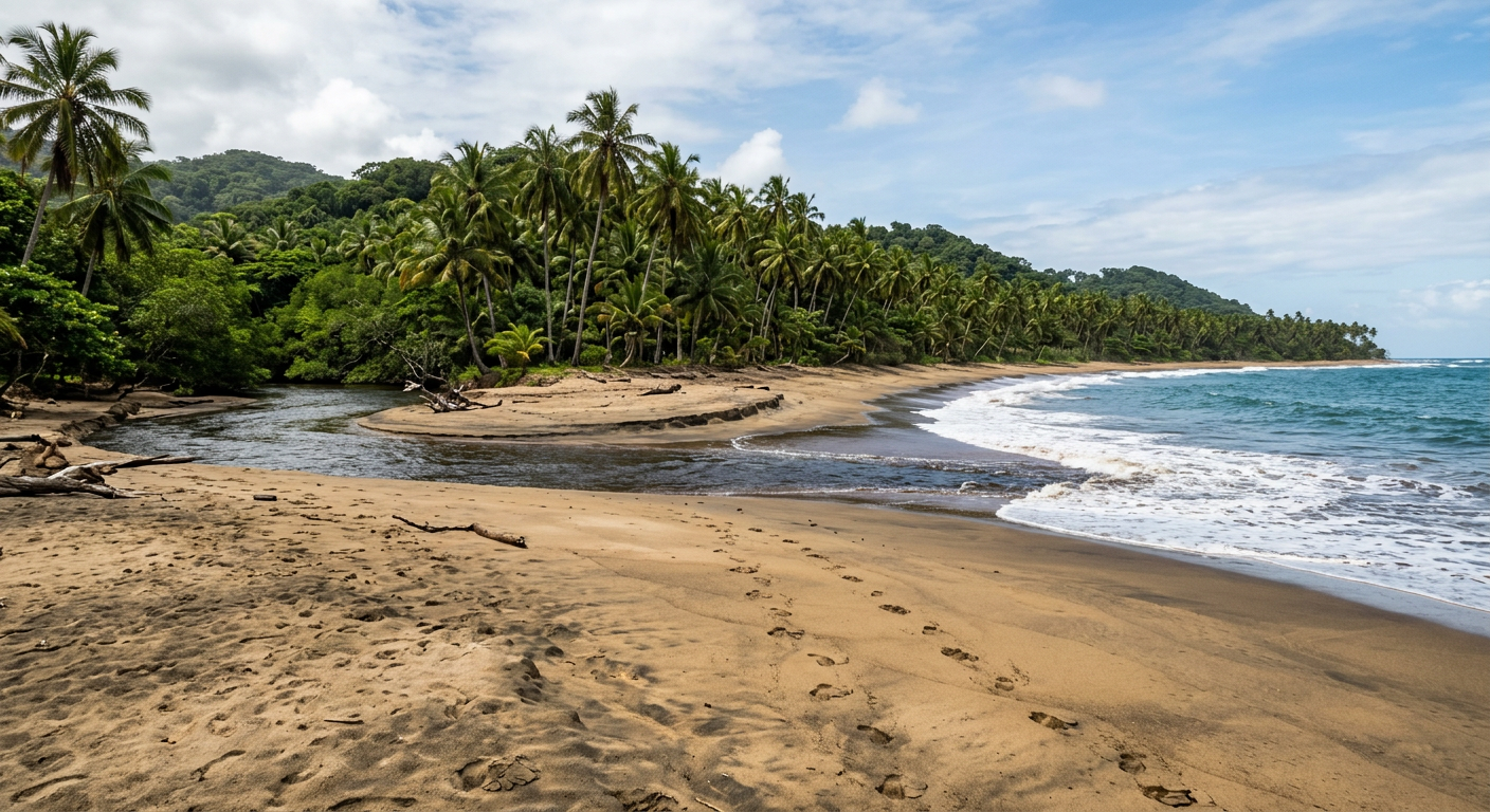 Praia deserta com rio em Serra Grande